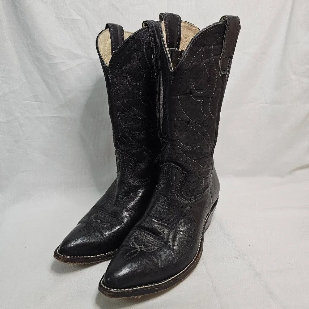 Stewart Boot Co 1977 VTG Hand Made Black Cowhide Leather Cowboy Boots Mens 8.5EE